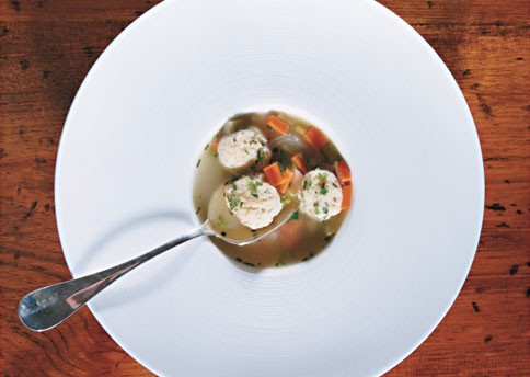 Spring vegetable and mini matzo ball chicken soup