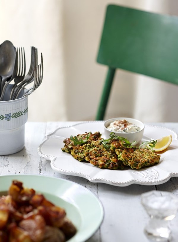 Spring vegetable and prawn fritters with lemon yoghurt sauce