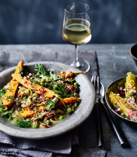 Spring vegetable and quinoa stew with quick-pickled little gems