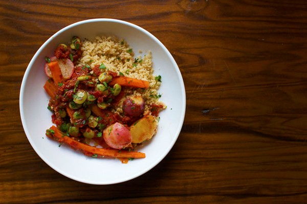 Spring vegetable couscous with esplette pepper
