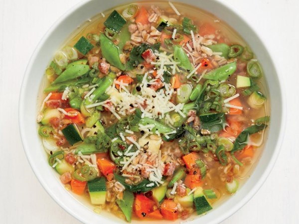 Spring vegetable-farro soup