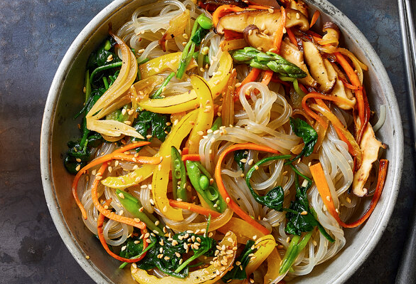 Spring vegetable Korean glass noodles (Japchae)