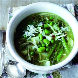Spring vegetable minestrone with broken spaghetti