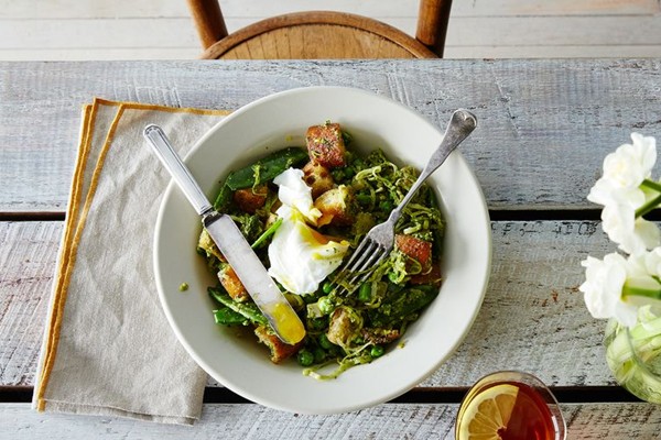 Spring vegetable panzanella with poached eggs