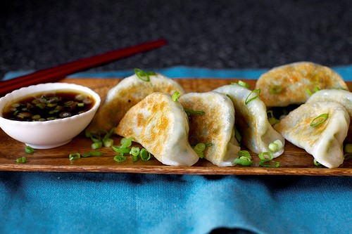 Spring vegetable potstickers (with scallion dipping sauce)