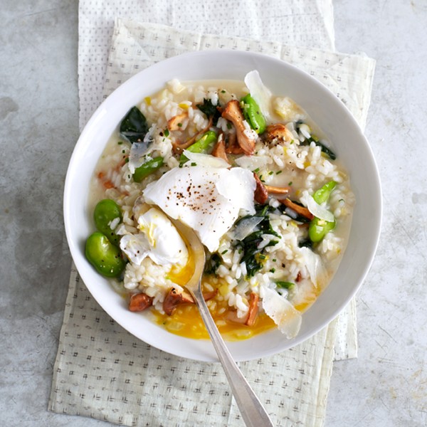 Spring vegetable risotto with poached eggs