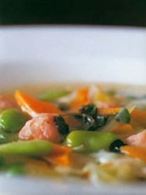 Spring vegetable soup with bacon dumplings
