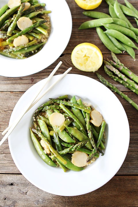 Spring vegetable stir fry with lemon ginger sauce