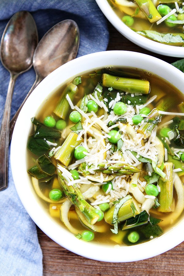 Spring vegetable zucchini noodle soup