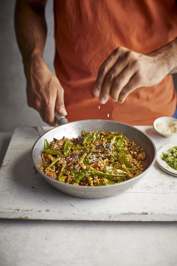 Spring vegetables with miso butter and teriyaki rice