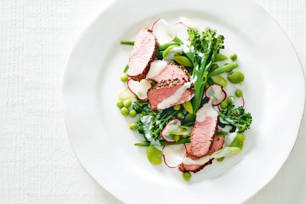 Spring vegetables with pepper-crusted lamb