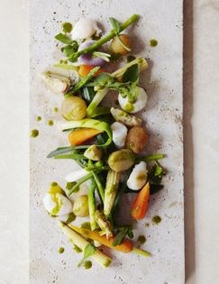 Spring vegetables with watercress dressing