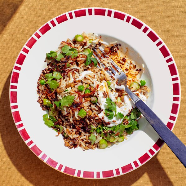 Spring-y rice and lentils with coconut yogurt 