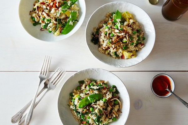 Springtime bacon and egg fried rice