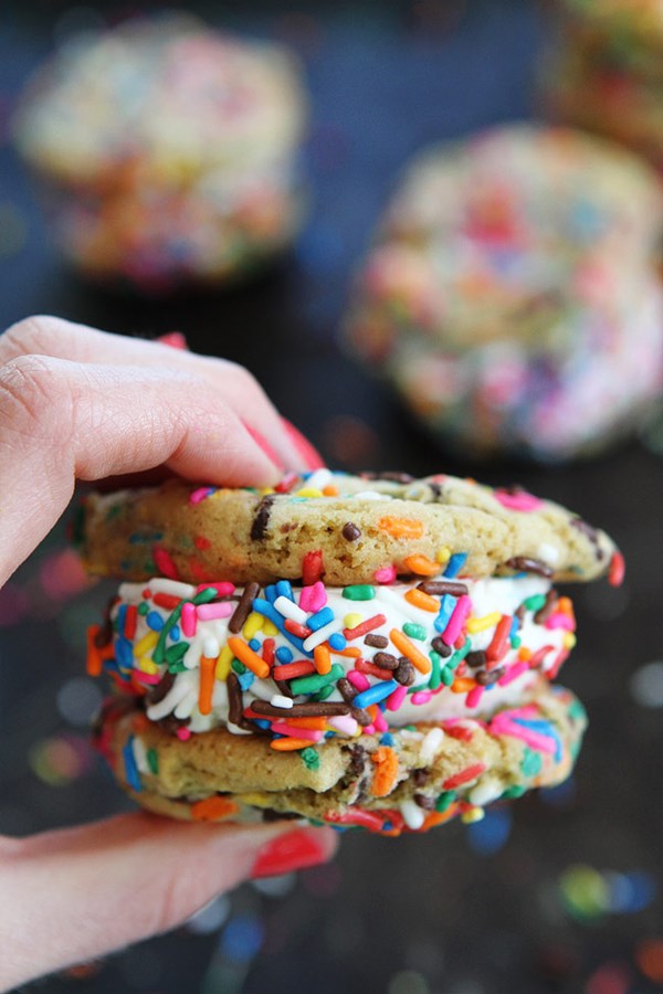 Sprinkle chocolate chip cookie ice cream sandwiches