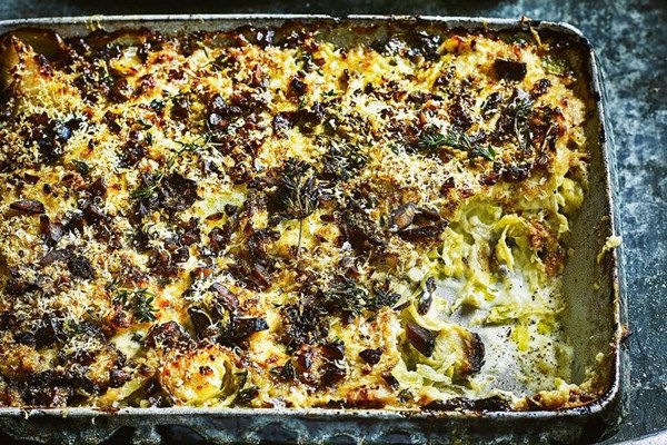 Sprout & potato gratin with chestnut crumb