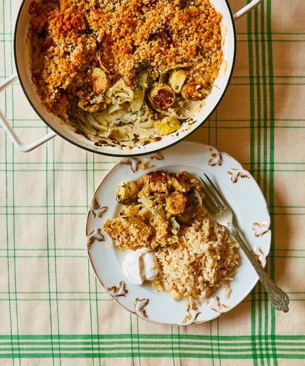 Sprout gratin with lemon rice