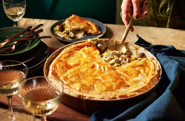 Sprout, mushroom & chestnut puff pie
