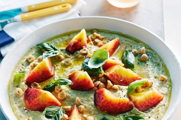 Sprouted chickpea hummus, with peach and basil