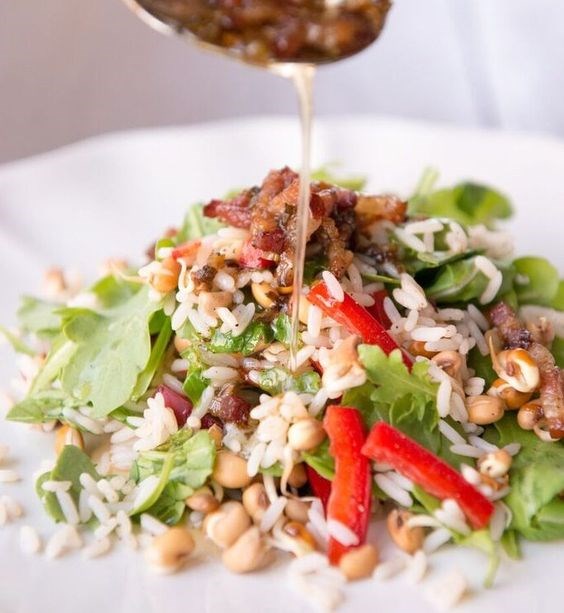 Sprouted hoppin' John salad with hot bacon vinaigrette