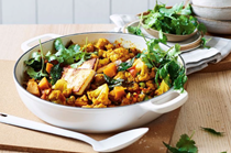 Sprouted legumes and vegetable curry with paneer