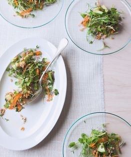 Sprouted salad with minty seed dressing