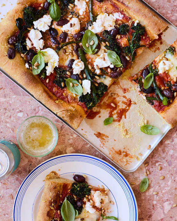 Sprouting broccoli and ricotta traybake pizza