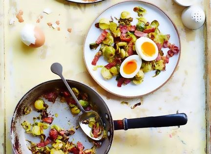 Sprouts and bacon with boiled eggs