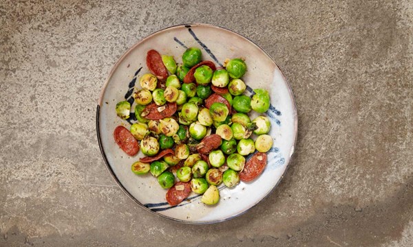 Sprouts with chorizo and garlic