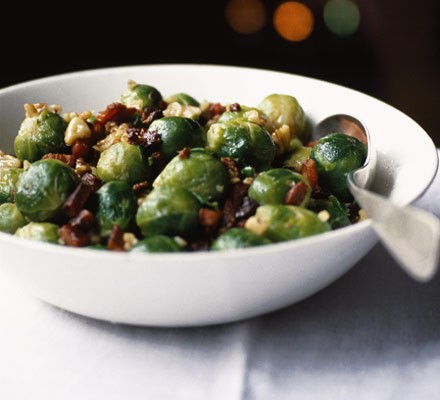 Sprouts with walnuts and bacon