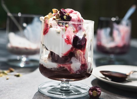 Spumoni sundaes with espresso hot fudge sauce