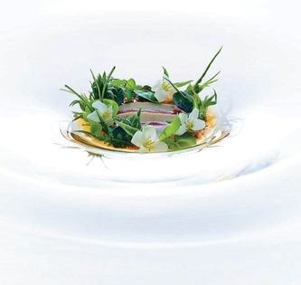 Squab & abalone, spring garlic custard, rare cultivated herbs, umami consommé