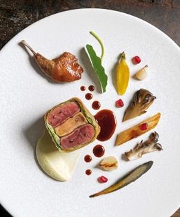 Squab and foie gras "croustillant" with roasted salsify and caramelized ginger jus