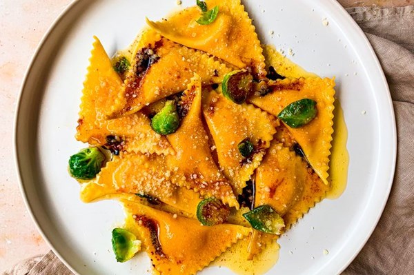 Squash & brown butter tortelli with Brussels sprouts & balsamic
