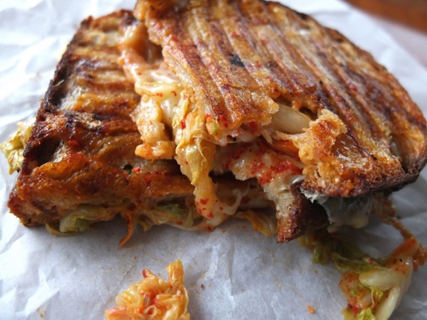 Squash & miso soup with cheese & kimchi toasties