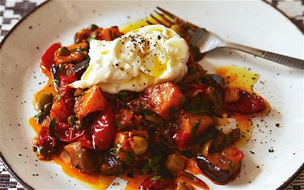 Squash and aubergine caponata with burrata