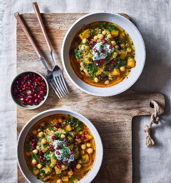 Squash and chickpea one-pot with herby yogurt