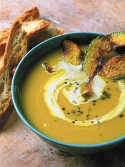 Squash and cumin soup with squash chips