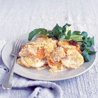 Squash and potato gratin with sage and onion
