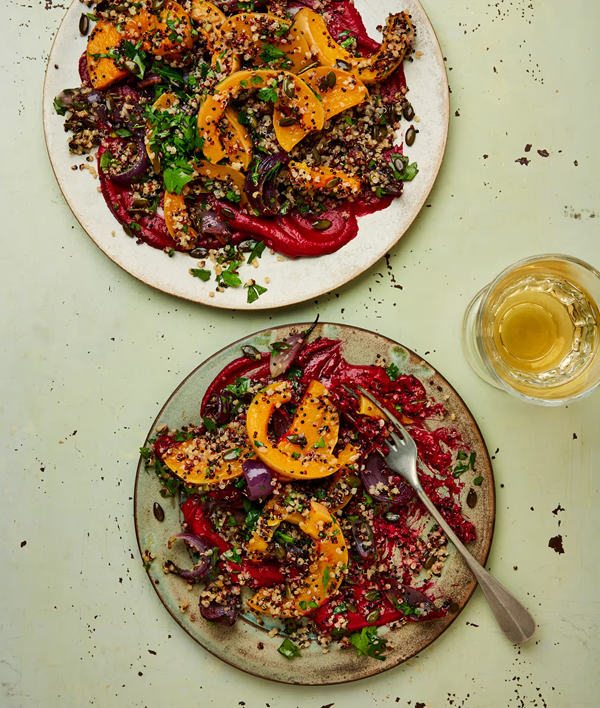 Squash and quinoa salad with beetroot yoghurt