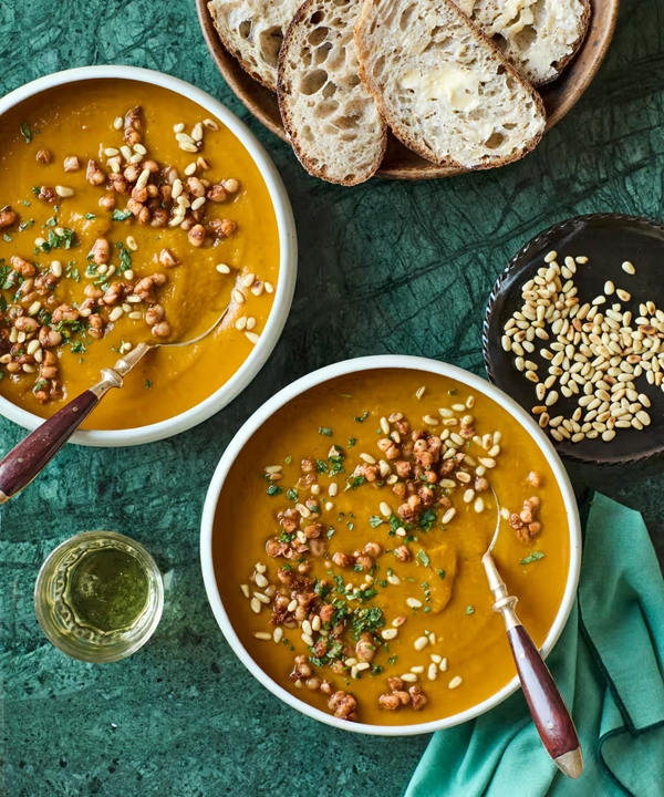 Squash and sweet potato soup with harissa beans