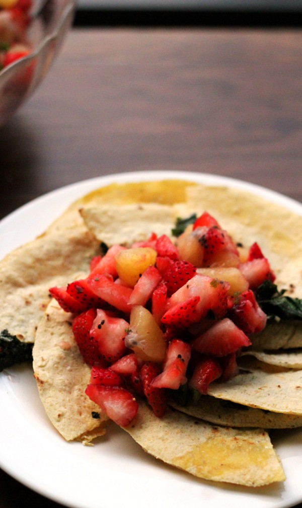 Squash blossom and kale quesadillas with strawberry kiwi salsa