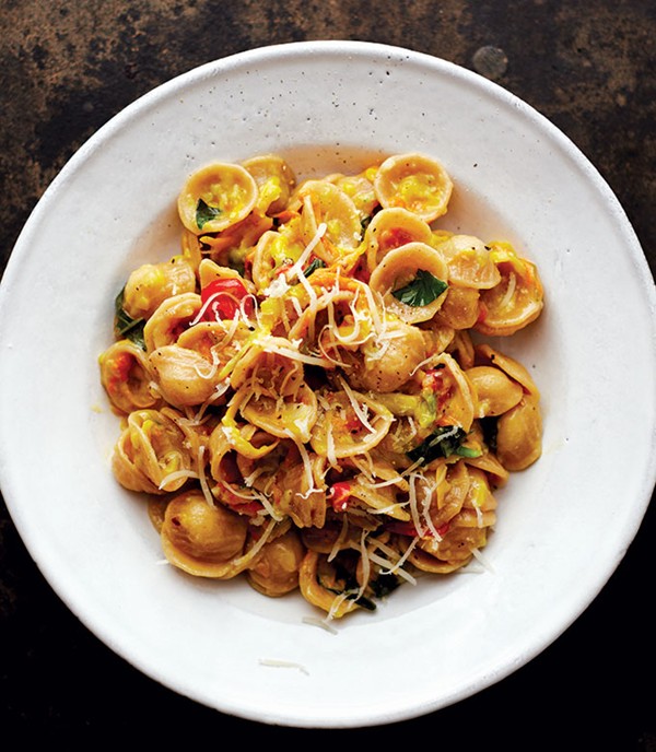 Squash blossom orecchiette with aged sheep's cheese and red chili