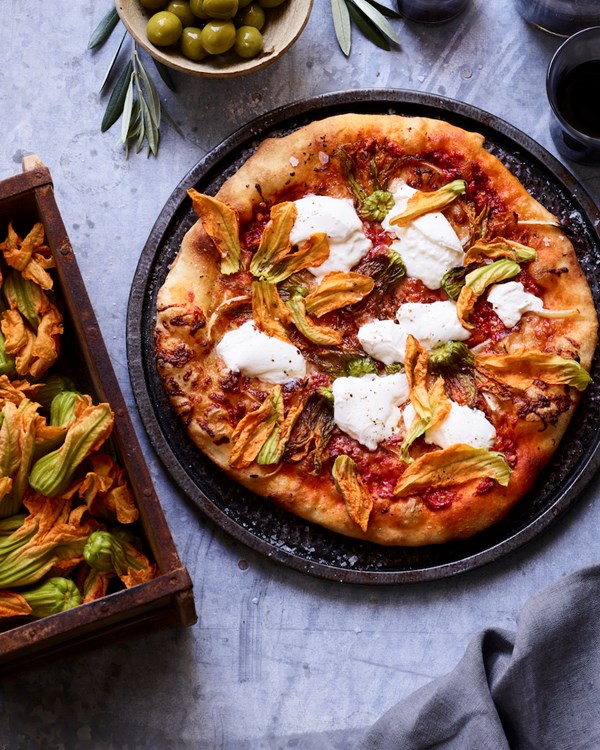 Squash blossom pizza with burrata
