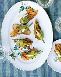 Squash blossoms with pimento ricotta