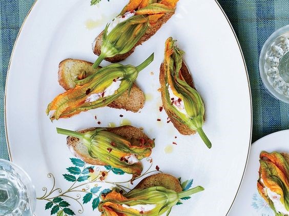 Squash blossoms with pimento ricotta