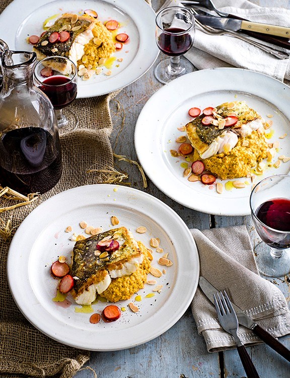 Squash, carrot and almond purée, roast hake and quick radish pickle
