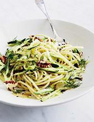 Squash confetti pasta with dill and walnuts