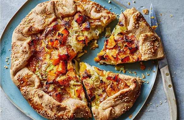 Squash, leek & black garlic galette with yogurt pastry