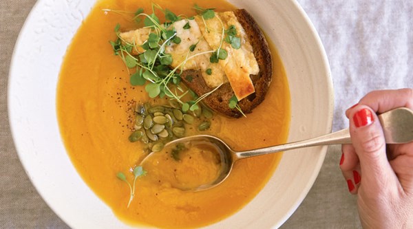 Squash, leek, and potato soup with cheese toast